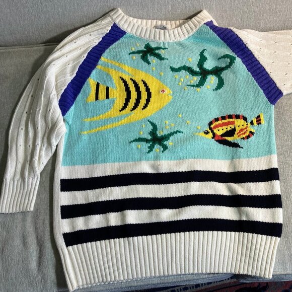 Woman's Fish Ocean Sweater White Large 100% Cotton Colorful Sea Life New - Picture 1 of 8